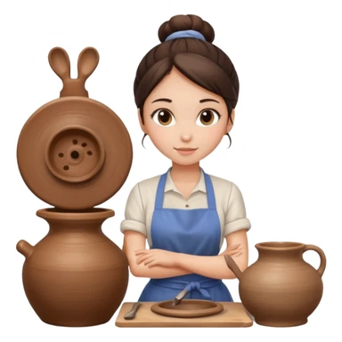 Brunette girl with bun, behind pottery wheel sticker