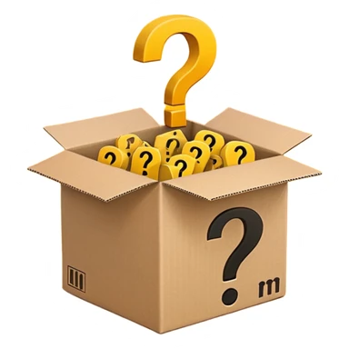 amazon box printed with q&a over stuffed with yellow question marks sticker