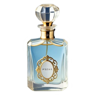 gainst a powdery blue silk backdrop, a vintage crystal perfume bottle with delicate gold filigree detailing catches the soft glow of the morning light. A silken ivory ribbon, loosely tied around its slender neck, cascades onto the fabric, creating soft folds. Scattered around the bottle, pale blue and creamy white pansies rest gently, their petals carrying hints of pearl-like shimmer. A few stray petals, kissed by the golden light, add a touch of delicate imperfection, evoking a sense of quiet romance. sticker