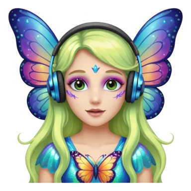 long haired make glitter makeup fairy wearing headpones wing butterfly wings  sticker