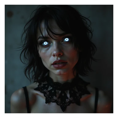realistic horror portrait of an alluring but menacing woman with glowing eyes, black lace choker, horror atmosphere sticker