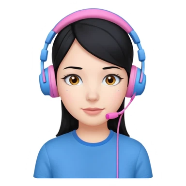 girl with black  hair, blue shirt and pink headset sticker