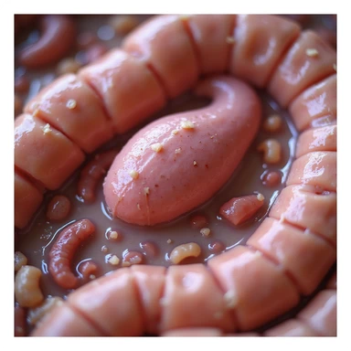 close-up of intestinal mucosa with parasites like Giardia lamblia (drop shape), microscopic details, hyperrealism, 4K sticker