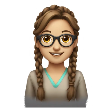 Brown haired young lady with long pigtails, futuristic glasses and a smile sticker