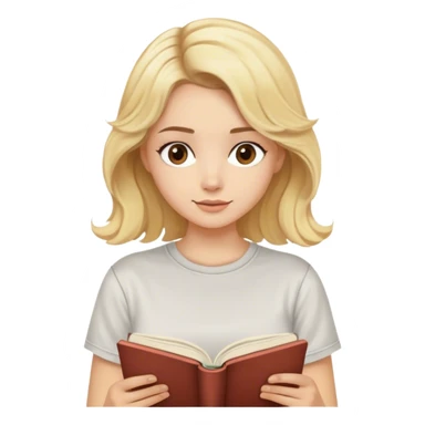 blonde model, brown eyes, medium length wavy hair, comfy t-shirt, reading a book sticker
