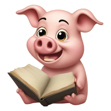 Crying pig with a big smile and eyes that look like and the pig holds a book sticker