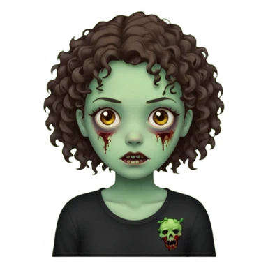 Zombie girl emoji verde um pouco escuro com cabelo curto cacheado castanho no ombro com uma blusa preta sticker