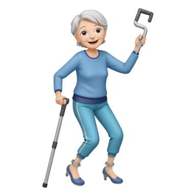 elderly woman with pants, grey hair, laughing and dancing th crutches                    and with a sorry look sticker