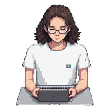 programmer in a white t-shirt, typing on a notebook sticker