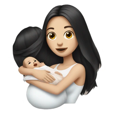 Pale girl with long black hair is holding a pale newborn baby sticker