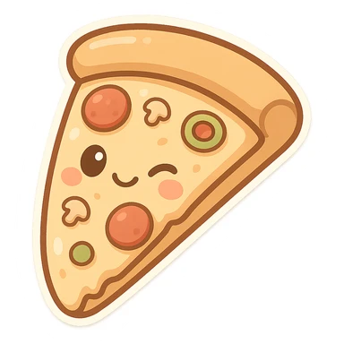 chibi sticker-style slice of pizza with a winking face, cute and exaggerated sticker