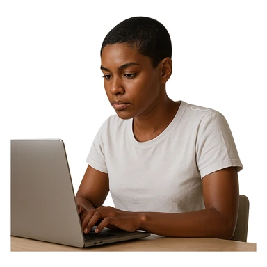 A short-haired girl with a dark complexion, white features, using a laptop, simple and clear composition, realistic style, natural lighting, detailed sticker