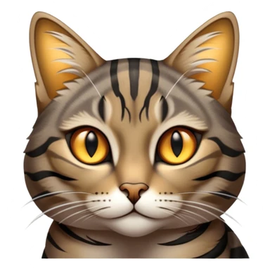 Cinematic Noble Grey and Black Brown Tabby Cat Portrait Emoji, Poised and regal, with sleek grey-brown fur featuring bold black tabby stripes and a distinct M-shaped marking on the forehead, bright amber eyes, Simplified yet sharp and sophisticated features, highly detailed, glowing with a soft, dignified glow, high shine, intelligent and graceful, stylized with an air of elegance, focused and attentive, soft glowing outline, capturing the essence of a watchful and refined feline, so majestic it feels as though it could glide across the screen with effortless confidence! sticker