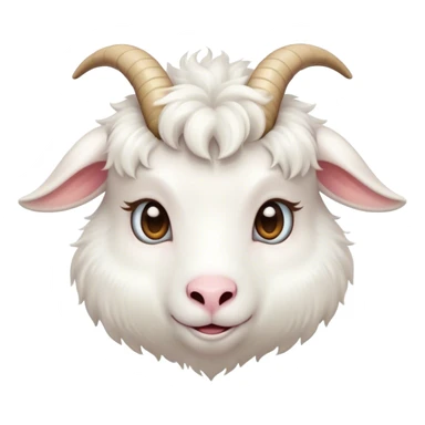 Cinematic Cute White Goat Portrait Emoji, Head tilted playfully and inquisitively, featuring a fluffy, immaculate white fur with charming curved horns, round, sparkling eyes filled with gentle curiosity, Simplified yet irresistibly adorable features, highly detailed, glowing with a warm, friendly glow, high shine, affectionate and lively, stylized with a touch of whimsical charm, bright and endearing, soft glowing outline, capturing the essence of a mischievous yet loving goat, so playful it feels like it could trot out of the screen and into your arms! sticker