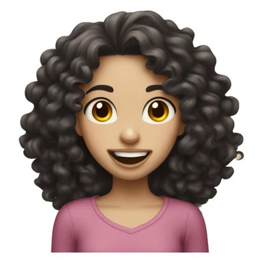 a girl with pale skin, long curly dark hair, sticking her tongue out happily sticker
