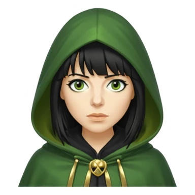 claudia winkleman with a heavy fringe as a traitor with a green hooded cloak with a gold clasp and dark black eyeliner sticker
