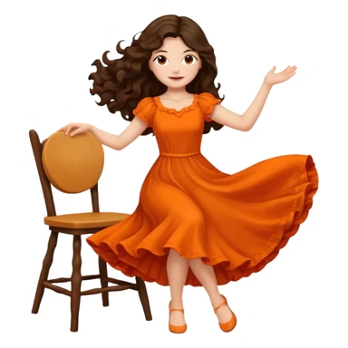 Long dark wavy hair women in orange standing and twirling around a chair  sticker