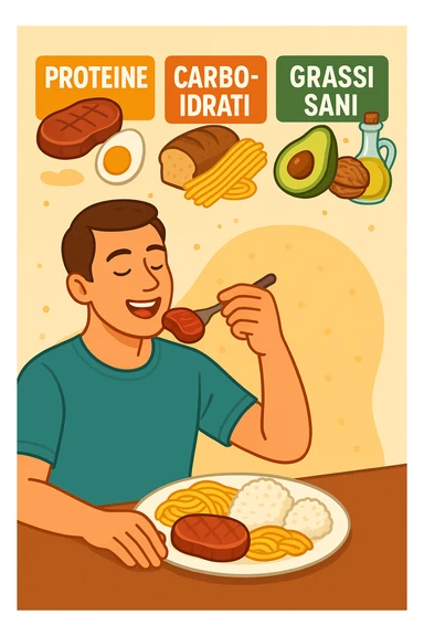 uomo che fa alimentazione attraverso i giusti macronutrienti. Scritte in ITALIANO sticker