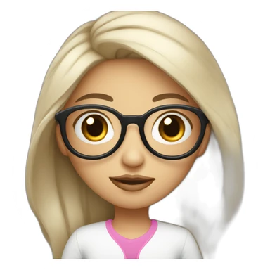girl programmer with black wavy long hair and white skin and pink lipsand big eyes and Iranian face with rounded glasses sticker