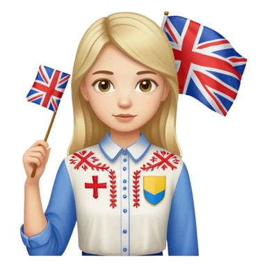 A Ukrainian girl wearing an embroidered shirt holds a British flag sticker