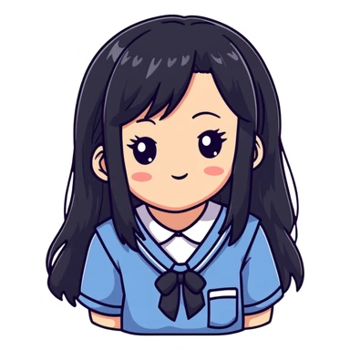 Happy Japanese schoolgirl with long black hair and blushing face sticker