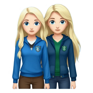 a pretty ravenclaw girl with long dark brown hair and blue eyes standing with a hot Slytherin girl with long blonde hair, blue eyes and big boobs  sticker