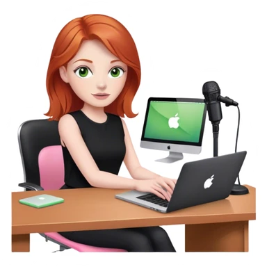 Redhead with green eyes sat at desk with pink MacBook and  podcast microphone black top and pink chair  sticker