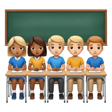 five school children not wearing uniform sitting in a row behind their school desks sticker