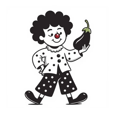 clown holding an eggplant, hand drawn doodle sticker