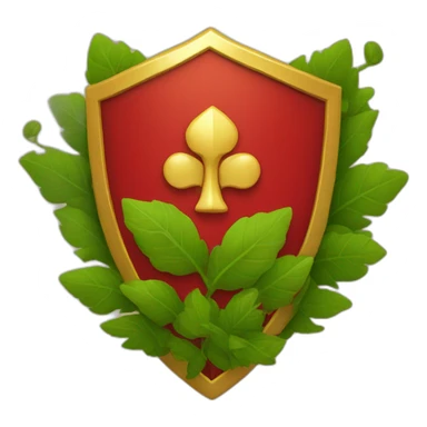 a red shield with a golden border and shrubbery behind it in a circular shape sticker