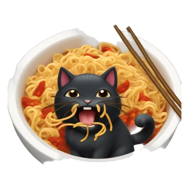 Fluffy black cat eating spicy buldak noodles  sticker