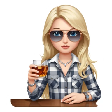 girl
blue eyes
long blond hair with daisy in it
wearing grey/white plaid shirt
wearing aviator sunglasses
wearing silver necklace around her neck
holding a glass of whiskey 
wearing rose gold apple watch  sticker