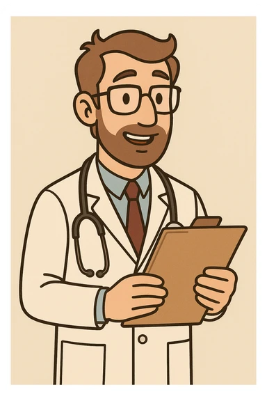 doctor, male, glasses, with medical chart, approachable, cartoon style sticker