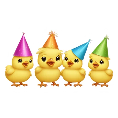 4 baby yellow chickens, wearing party hats sticker