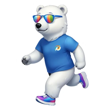 strong-looking friendly anthropomorphised polar bear walking with a confident stride, wearing a royal blue t-shirt, black pants, trainers, and colorful rainbow glasses sticker