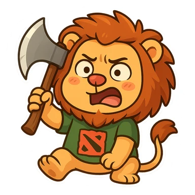 lion with human features holding an axe playing Dota, Telegram sticker style, bright colors, funny facial expression sticker