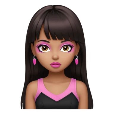 generate a pretty bratz girl in black cami top, dark brown straight long hair with bangs, eyeliner on, dark brown eyes sticker