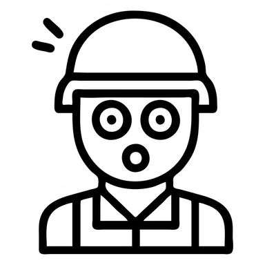flat outlined icon of a confused or surprised soldier, helmeted, cartoonish wide-eyed look, optimized for app or website icon sticker