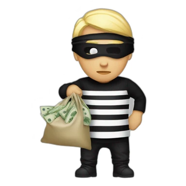 robber with blonde hair wearing a black beanie and a long sleeved white and black horizontally striped t-shirt and wearing black eye mask and holding a bag of money in their left shoulder sticker