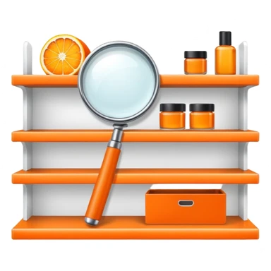 front view magnifying glass over orange beauty product shelf searching for last item sticker