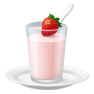 hot strawberry milk in a white glass with a small plate underneath and Above it is a spoon sticker