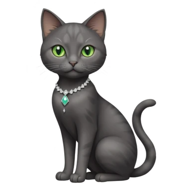 full body view of beautiful female dark grey cat with green eyes, white toes and white diamond on chest sticker
