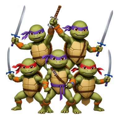 Vector emoji sticker of 4 Ninja Turtles: Leo (blue/swords), Raph (red/sais), Donnie (purple/staff), and Mikey (orange/nunchucks). Action poses, NYC rooftop, pizza box, bold comic style, white border. sticker
