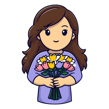 Cool girl with long brown hair and fair skin holding a bouquet of flowers sticker