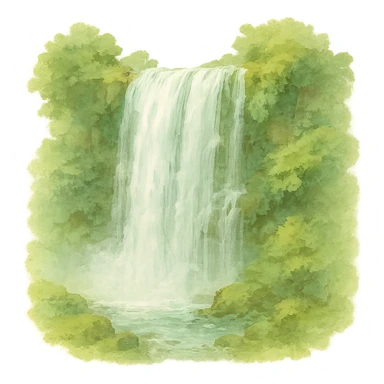 a realistic waterfall, natural colors, soft, fairy-like atmosphere, no background, square size sticker
