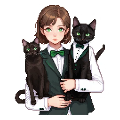 brown haired girl with light tan skin and brown eyes holding a black Bombay cat with green eyes and a black and white Tuxedo cat with hazel eyes sticker