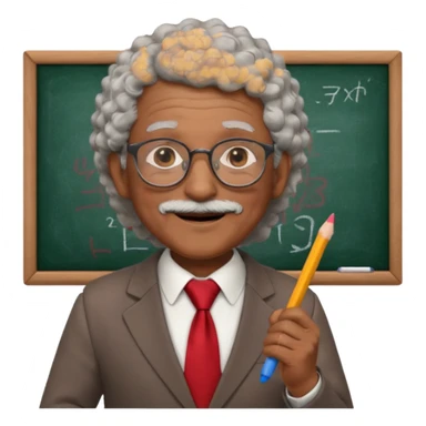 old man teacher, brown skin, curly grey white hai, wearing glasses, brown suit, red tie hold chalk on hand sticker