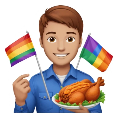 Guy with brown hair holding buffalo chicken and a gay pride flag sticker