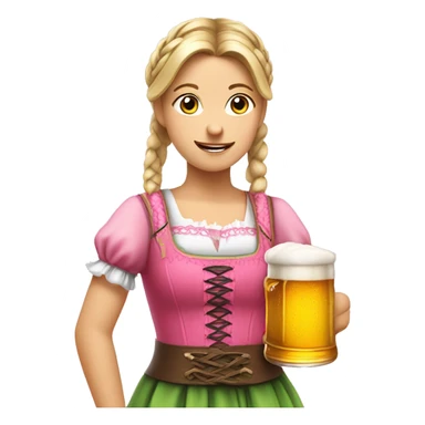 German girl with a braided ponytail wearing a pink dirndl holding a beer sticker