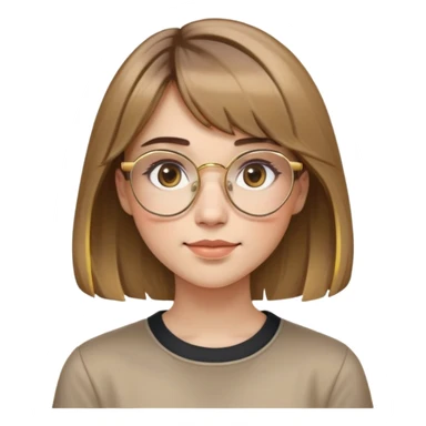 young adult woman with light skin, friendly and serene expression, round face with prominent cheeks, light brown hair with golden highlights, voluminous and straight with slight waves, long bangs over eyebrows, large octagonal glasses with thin golden or light pink frame, casual dark shirt sticker